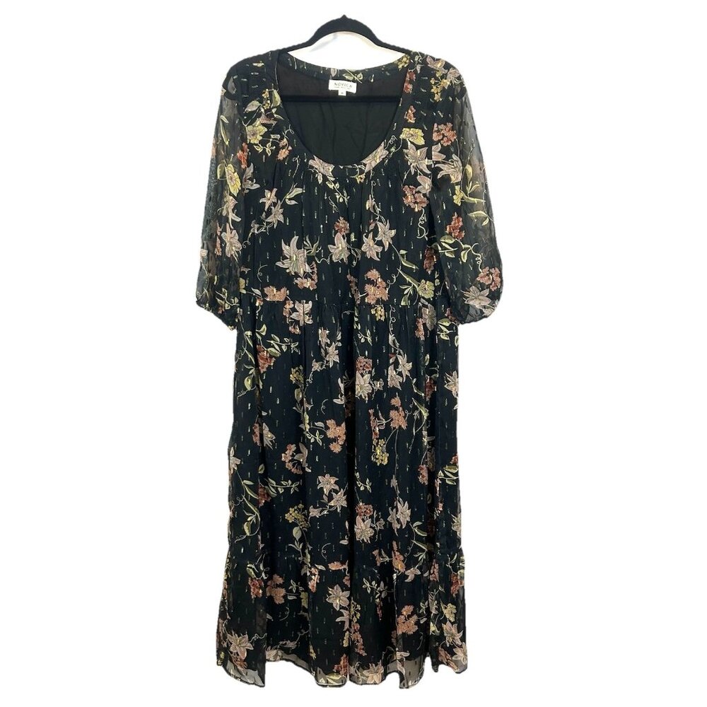 Novica Chiffon Shift Dress with Floral Motif, "Romantic Revival in Black Medium